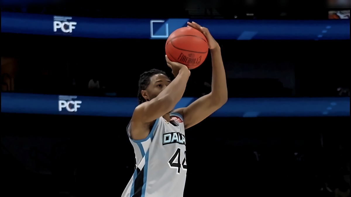 Dallas Power guard Elijah Stewart, in a white No. 44 jersey, elevates and releases a jump shot.
