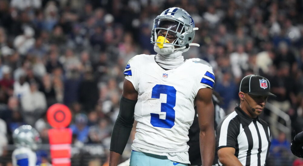 Dallas Cowboys wide receiver George Pickens reacts after making a catch against the Las Vegas Raiders.