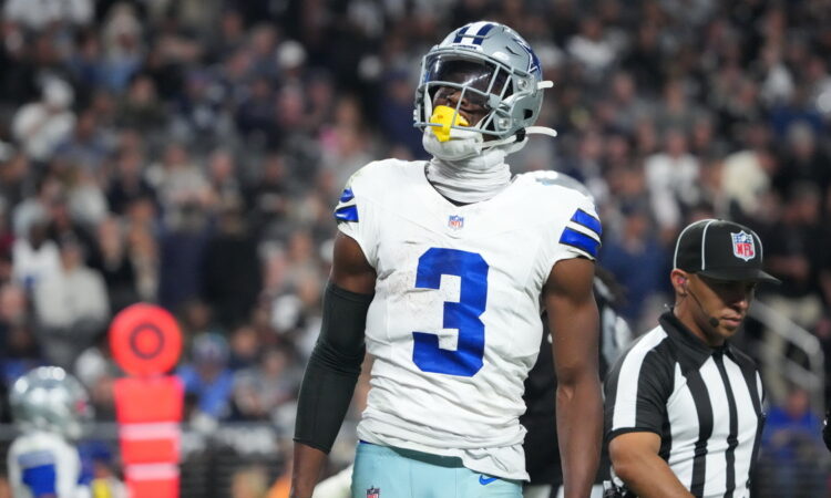 Dallas Cowboys wide receiver George Pickens reacts after making a catch against the Las Vegas Raiders.