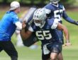 Cowboys Linebacker Jaishawn Barham Works Through a Blocking Drill in Frisco