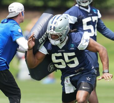 Cowboys Linebacker Jaishawn Barham Works Through a Blocking Drill in Frisco