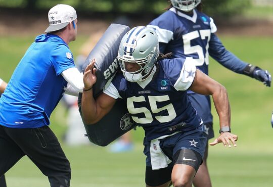 Cowboys Linebacker Jaishawn Barham Works Through a Blocking Drill in Frisco