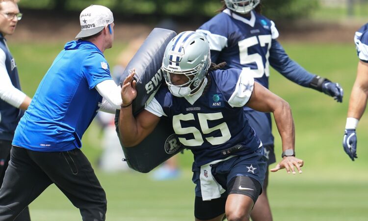 Cowboys Linebacker Jaishawn Barham Works Through a Blocking Drill in Frisco