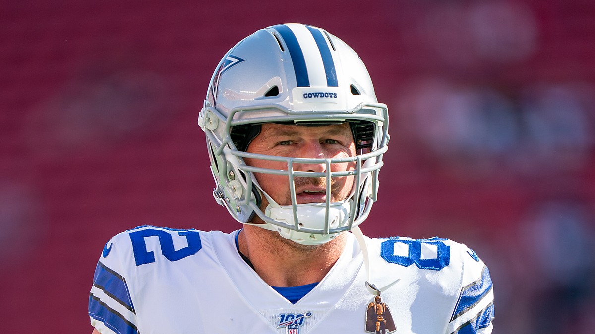Dallas Cowboys tight end Jason Witten stands in uniform and helmet before a preseason game against the San Francisco 49ers.