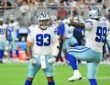 Dallas Cowboys offensive tackle Marcellus Johnson locks up Seattle Seahawks linebacker Aidan Hubbard at the line.