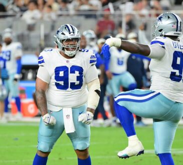 Dallas Cowboys offensive tackle Marcellus Johnson locks up Seattle Seahawks linebacker Aidan Hubbard at the line.