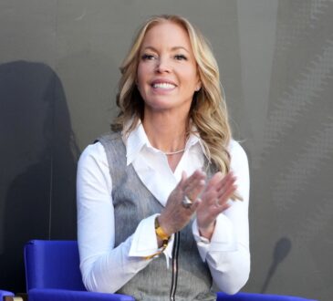 Los Angeles Lakers governor Jeanie Buss looks on during the Pat Riley statue unveiling ceremony at Crypto.com Arena.