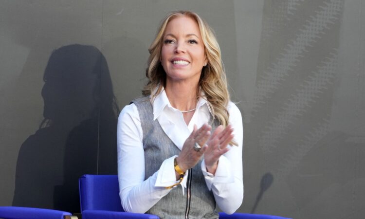 Los Angeles Lakers governor Jeanie Buss looks on during the Pat Riley statue unveiling ceremony at Crypto.com Arena.