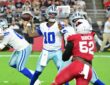 Dallas Cowboys quarterback Joe Milton III cocks the ball to throw from the pocket against the Cardinals.