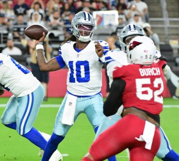 Dallas Cowboys quarterback Joe Milton III cocks the ball to throw from the pocket against the Cardinals.