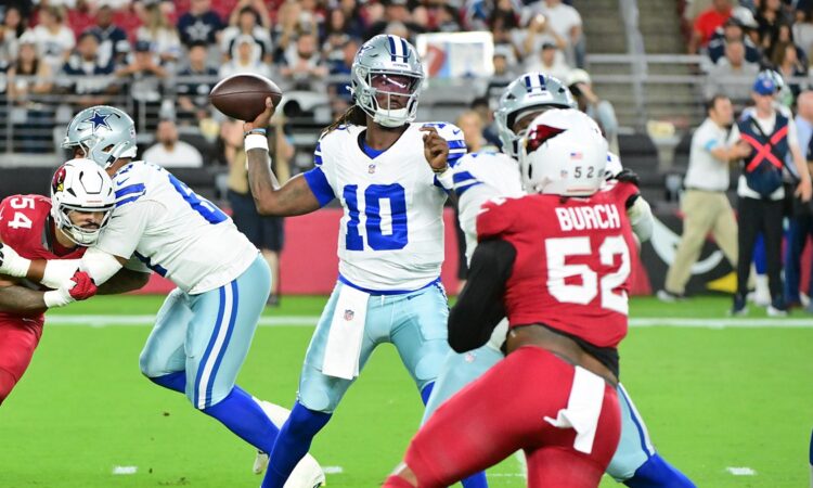 Dallas Cowboys quarterback Joe Milton III cocks the ball to throw from the pocket against the Cardinals.