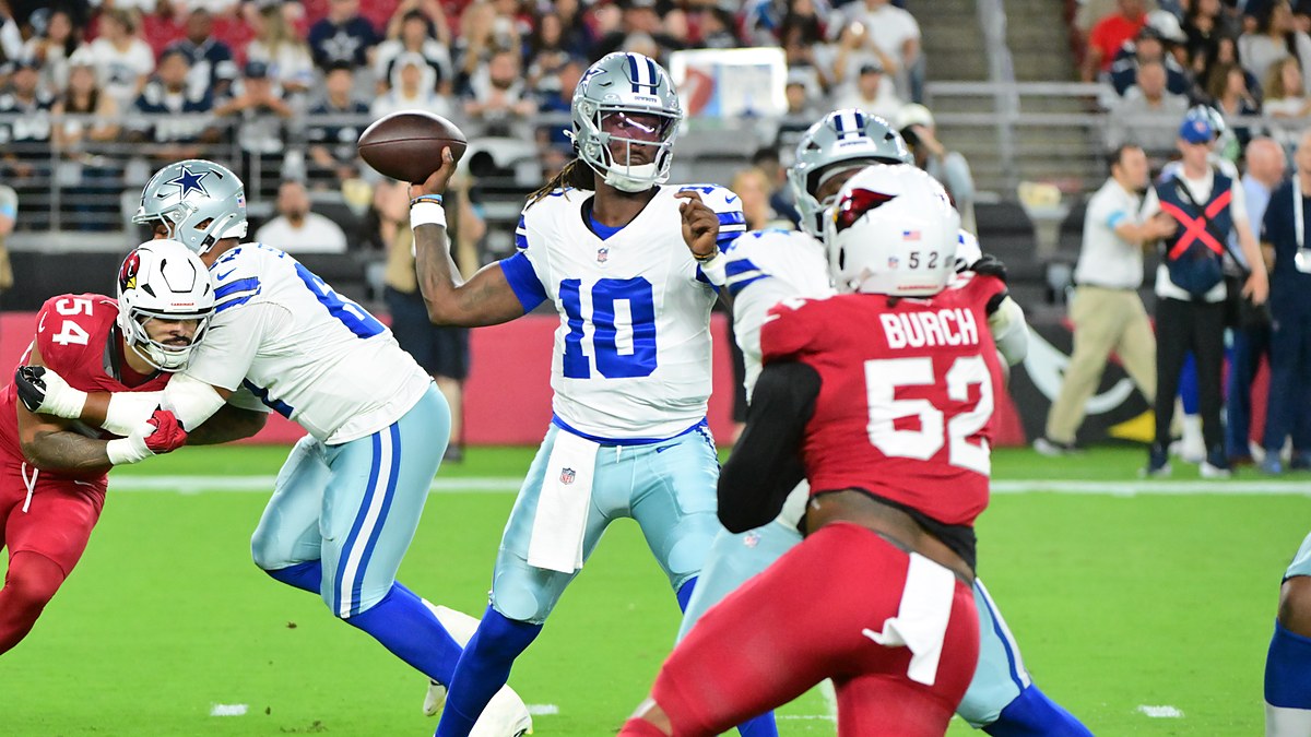 Dallas Cowboys quarterback Joe Milton III cocks the ball to throw from the pocket against the Cardinals.