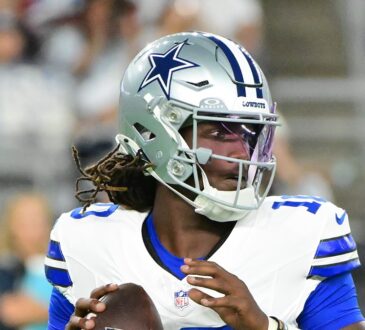 Dallas Cowboys quarterback Joe Milton III drops back to pass in his No. 10 jersey against the Cardinals.
