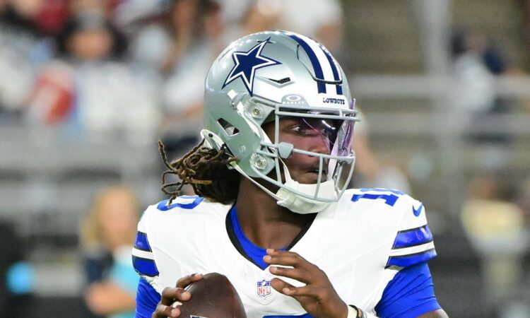 Dallas Cowboys quarterback Joe Milton III drops back to pass in his No. 10 jersey against the Cardinals.