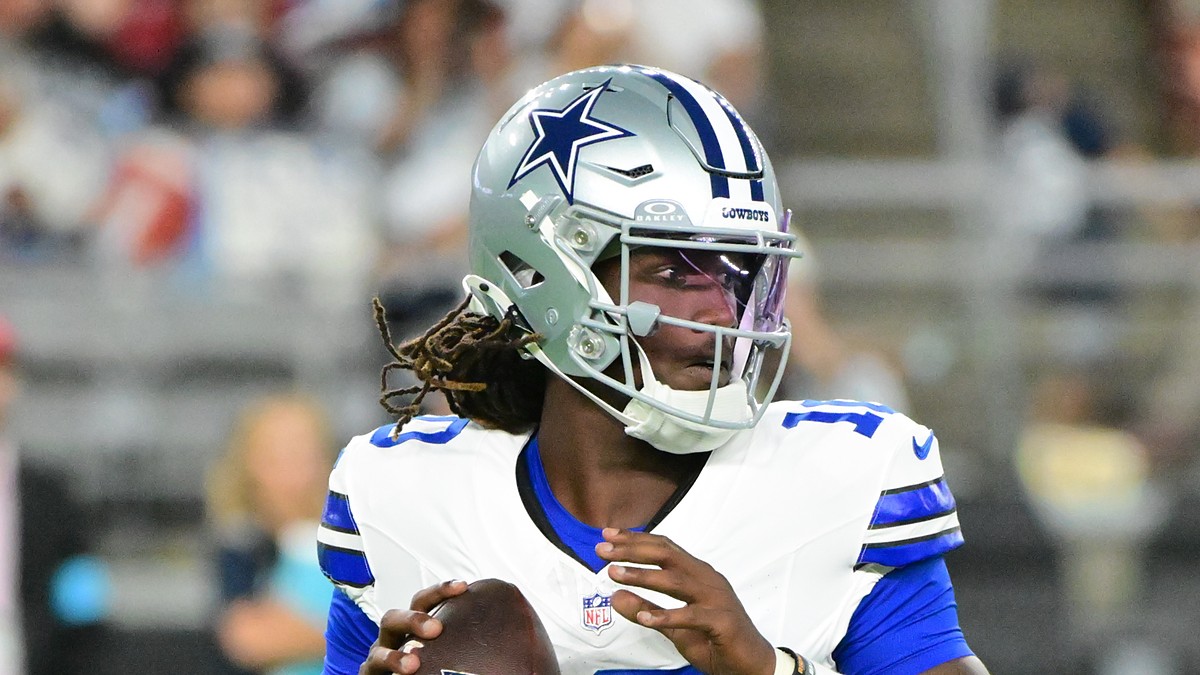 Dallas Cowboys quarterback Joe Milton III drops back to pass in his No. 10 jersey against the Cardinals.