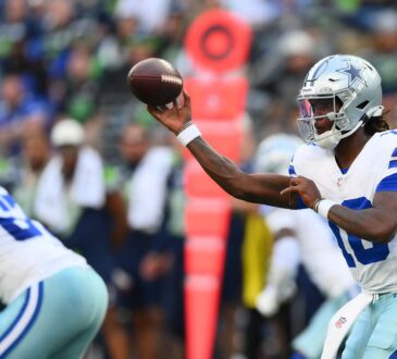 Dallas Cowboys quarterback Joe Milton III cocks the ball to throw as a lineman blocks in front of him.