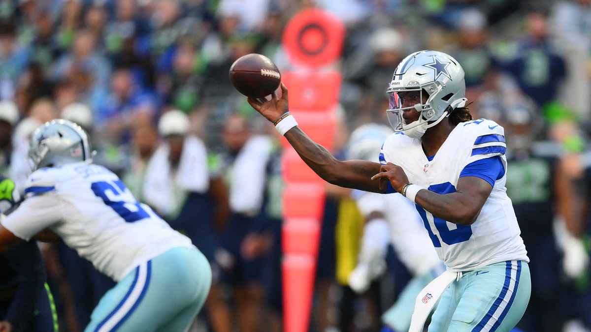 Dallas Cowboys quarterback Joe Milton III cocks the ball to throw as a lineman blocks in front of him.