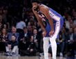 Philadelphia 76ers center Joel Embiid #21 reacts during Game 1 of the Eastern Conference Semifinals against the New York Knicks at Madison Square Garden.