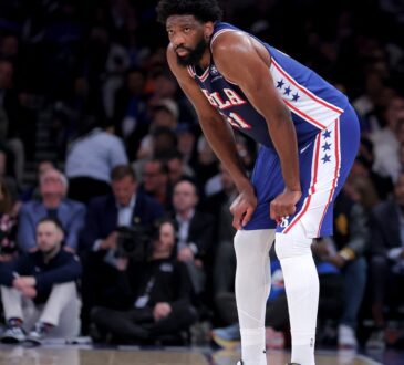Philadelphia 76ers center Joel Embiid #21 reacts during Game 1 of the Eastern Conference Semifinals against the New York Knicks at Madison Square Garden.