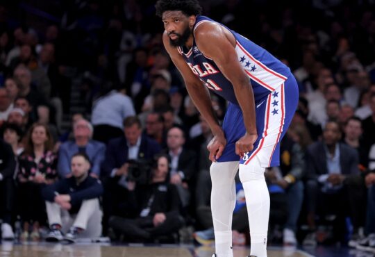 Philadelphia 76ers center Joel Embiid #21 reacts during Game 1 of the Eastern Conference Semifinals against the New York Knicks at Madison Square Garden.