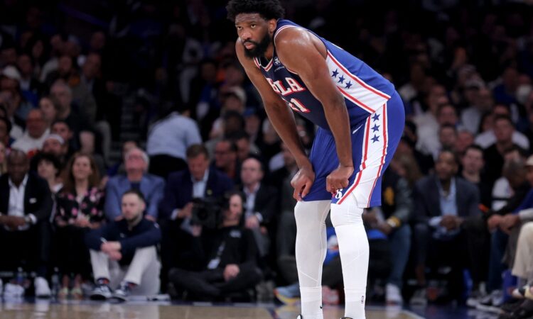 Philadelphia 76ers center Joel Embiid #21 reacts during Game 1 of the Eastern Conference Semifinals against the New York Knicks at Madison Square Garden.