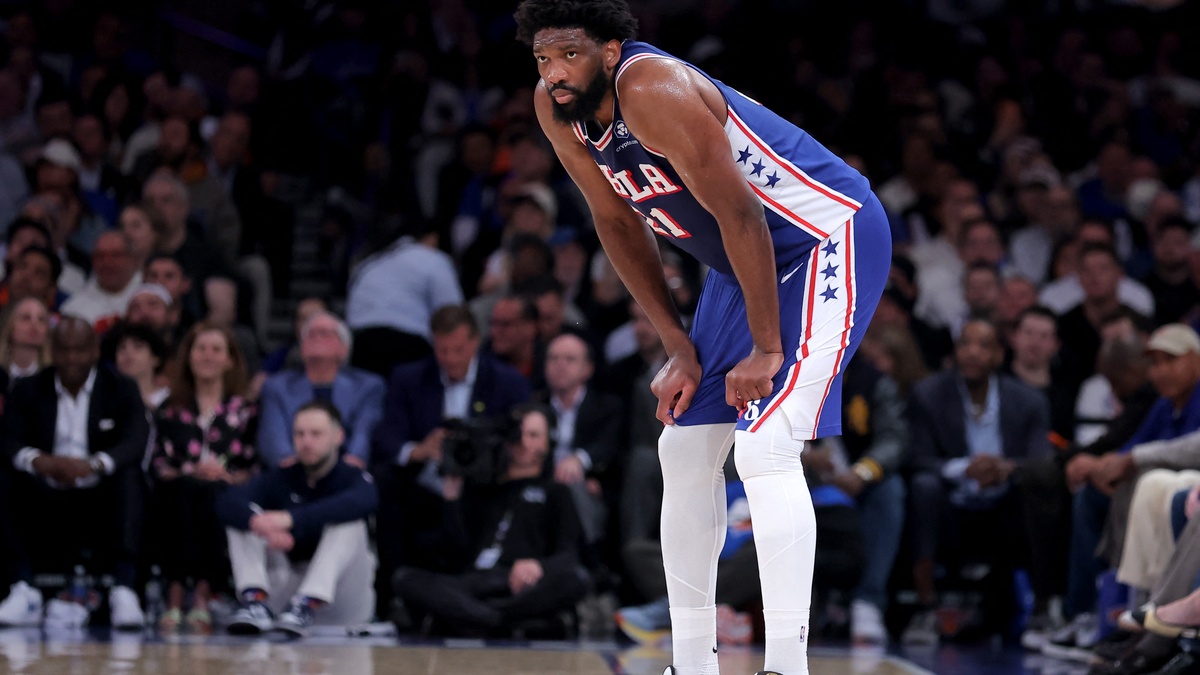 Philadelphia 76ers center Joel Embiid #21 reacts during Game 1 of the Eastern Conference Semifinals against the New York Knicks at Madison Square Garden.