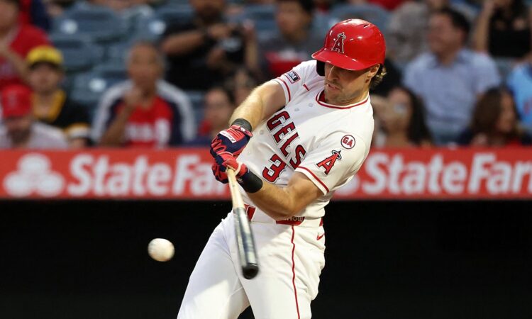 Los Angeles Angels right fielder Josh Lowe drives a pitch into the outfield for a double against the Texas Rangers.