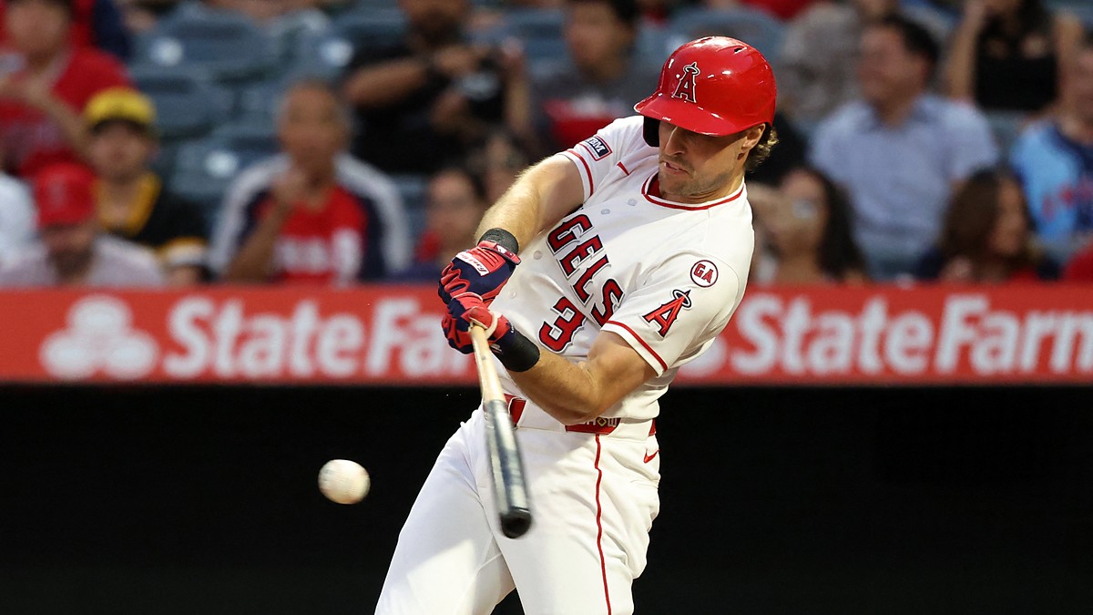 Los Angeles Angels right fielder Josh Lowe drives a pitch into the outfield for a double against the Texas Rangers.