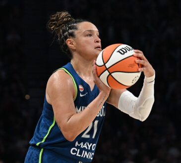 Lynx guard Kayla McBride sets her feet and rises into a three-point shot against the Wings