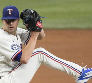 Texas Rangers pitcher MacKenzie Gore lifts his leg into the windup with his glove raised on the mound.