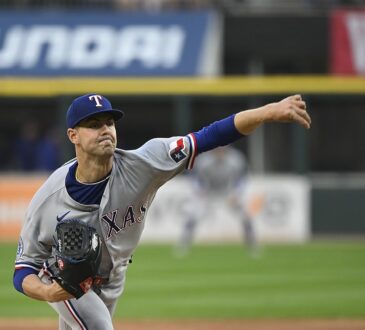 Texas Rangers pitcher MacKenzie Gore follows through on a delivery against the Chicago White Sox.