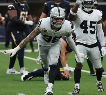 Las Vegas Raiders defensive end Maxx Crosby spreads his arms and shouts after making a tackle against the Chargers.