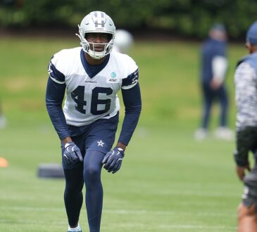 Dallas Cowboys tight end Michael Trigg comes out of his stance during a drill at rookie minicamp.