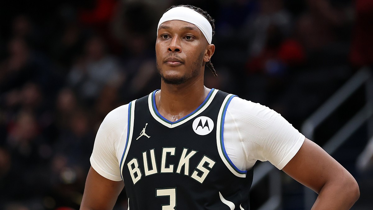 Milwaukee Bucks center Myles Turner stands with a hand on his hip during a stoppage at Capital One Arena.