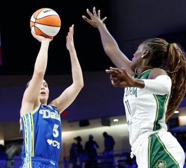 Dallas Wings guard Paige Bueckers rises for a shot as Storm center Awa Fam contests at College Park Center.