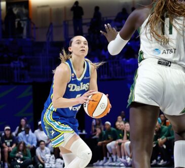 Dallas Wings guard Paige Bueckers rises for a shot as Storm center Awa Fam contests at College Park Center.