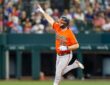 Baltimore Orioles first baseman Pete Alonso points as he rounds the bases after hitting a home run against the Rangers.
