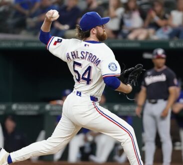 Texas Rangers pitcher Robby Ahlstrom drives toward the plate with his name and number facing the camera at Globe Life Field.