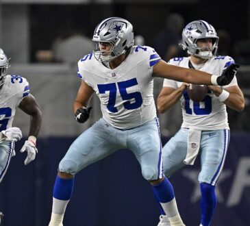 Dallas Cowboys offensive tackle Shiyazh Pete sets in pass protection with the quarterback dropping back behind him.