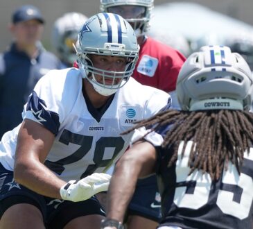 Dallas Cowboys offensive tackle Terence Steele sets in his stance with hands ready as linebacker Jaishawn Barham rushes.