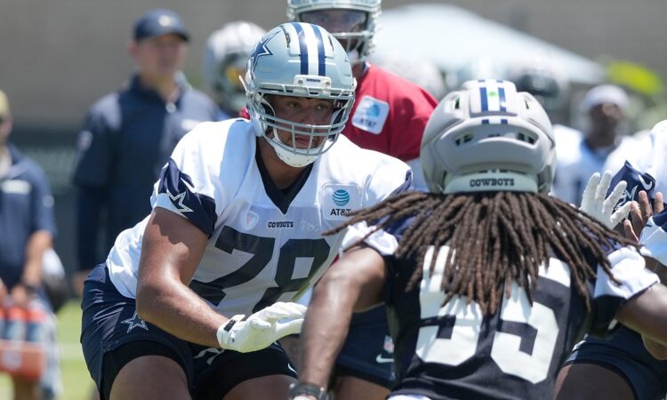 Dallas Cowboys offensive tackle Terence Steele sets in his stance with hands ready as linebacker Jaishawn Barham rushes.