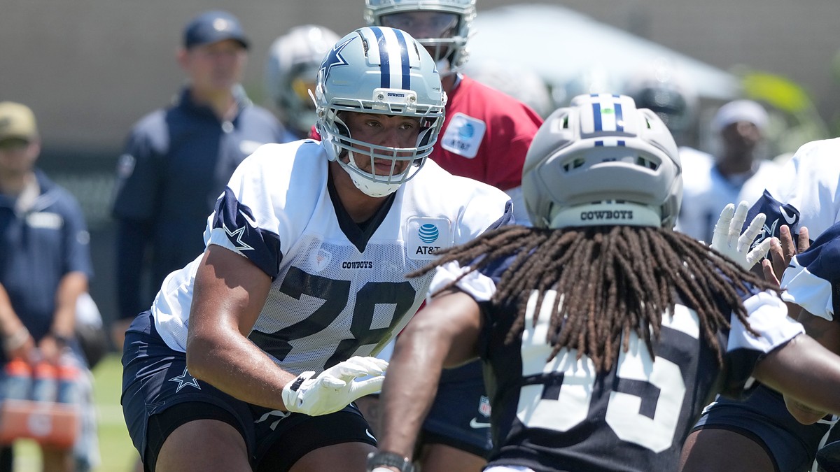 Dallas Cowboys offensive tackle Terence Steele sets in his stance with hands ready as linebacker Jaishawn Barham rushes.