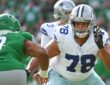Dallas Cowboys offensive tackle Terence Steele sets to block Philadelphia Eagles linebacker Nolan Smith Jr. off the edge.