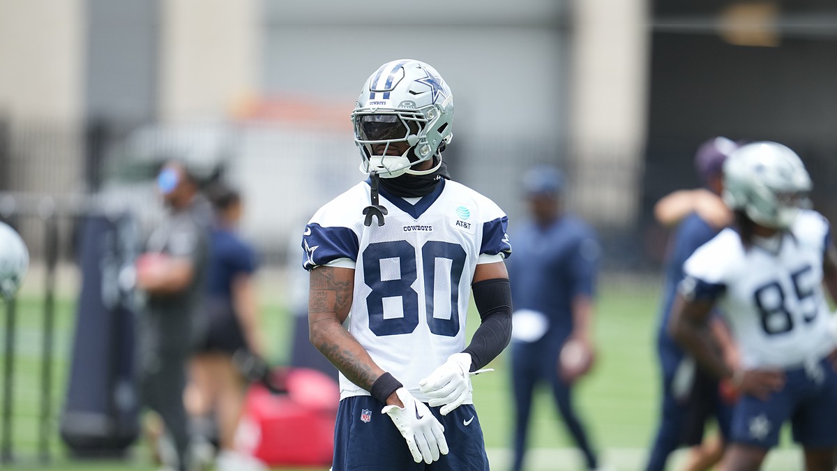 Dallas Cowboys wide receiver Traeshon Holden adjusts his gloves during a minicamp drill in his No. 80 practice jersey.