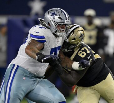 Dallas Cowboys guard Trevor Keegan locks up New Orleans Saints defensive tackle Kahlil Saunders at the line.