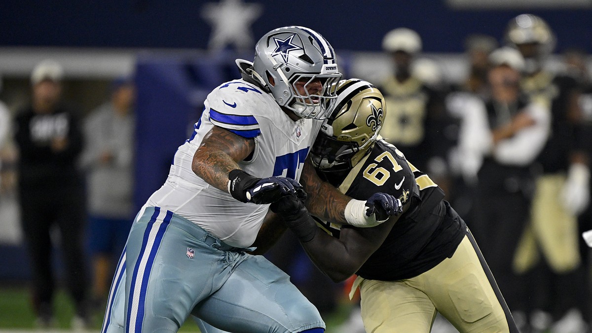 Dallas Cowboys guard Trevor Keegan locks up New Orleans Saints defensive tackle Kahlil Saunders at the line.