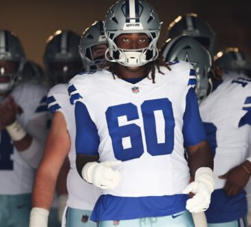 Dallas Cowboys offensive tackle Tyler Guyton wears No. 60 and walks through the stadium tunnel with teammates before kickoff.
