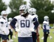 Dallas Cowboys offensive tackle Tyler Guyton stands with his hands on his hips during a minicamp practice.