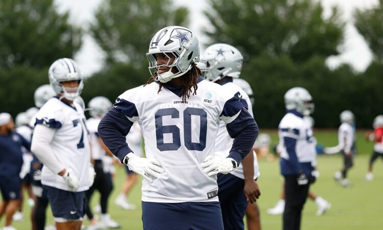 Dallas Cowboys offensive tackle Tyler Guyton stands with his hands on his hips during a minicamp practice.