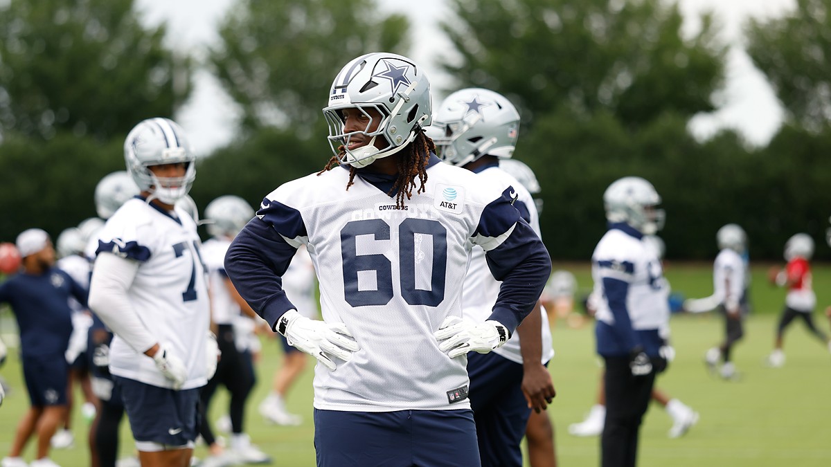 Dallas Cowboys offensive tackle Tyler Guyton stands with his hands on his hips during a minicamp practice.